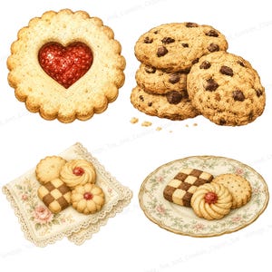 K&ouml;nnte beinhalten: Eine Auswahl an Keksen, darunter ein herzf&ouml;rmiger Keks mit Marmeladenf&uuml;llung, Schokoladen-Chip-Kekse und Kekse auf einer floralen Serviette und einem Teller. Die Kekse haben verschiedene Formen und Gr&ouml;&szlig;en mit detaillierten Texturen.