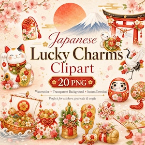 May include: Watercolor clipart featuring Japanese lucky charms, including a waving cat, Daruma doll, and a traditional torii gate. The image includes the text "Japanese Lucky Charms Clipart" and "20 PNG".