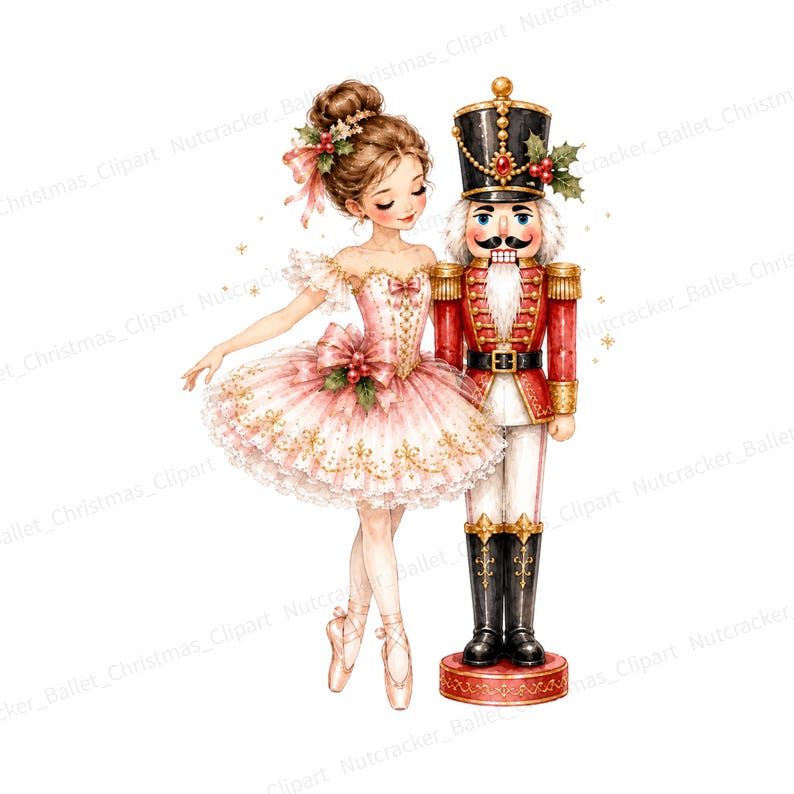 May include: A watercolor illustration of a ballerina in a pink tutu with gold accents standing next to a nutcracker soldier. The nutcracker wears a black hat, red jacket with gold trim, and white pants. Both figures are adorned with holly leaves.