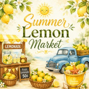 May include: Watercolor illustration of a summer lemon market scene. Features a blue truck filled with lemons, a lemonade stand, and baskets of lemons. The text reads "Summer Lemon Market" and "Fresh Lemonade 50¢".