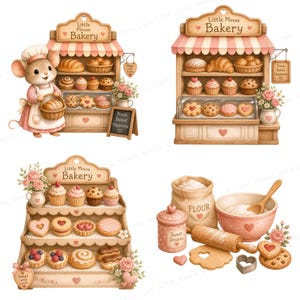 May include: Watercolor illustration of a bakery with a mouse baker. The bakery features baked goods like bread, cupcakes, and cookies. The text "Little Mouse Bakery" is displayed on the sign. Other elements include flour, rolling pin, and heart-shaped cookies.