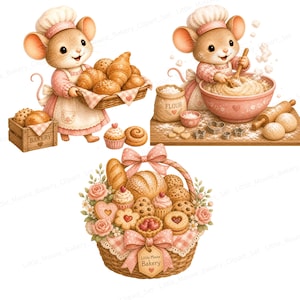 May include: A digital illustration of a mouse baker in a pink outfit, chef's hat, and apron, holding baked goods. The image includes a basket of bread, pastries, and a wooden box labeled "Bakery". A second mouse bakes in a pink bowl. A basket of baked goods is also shown.