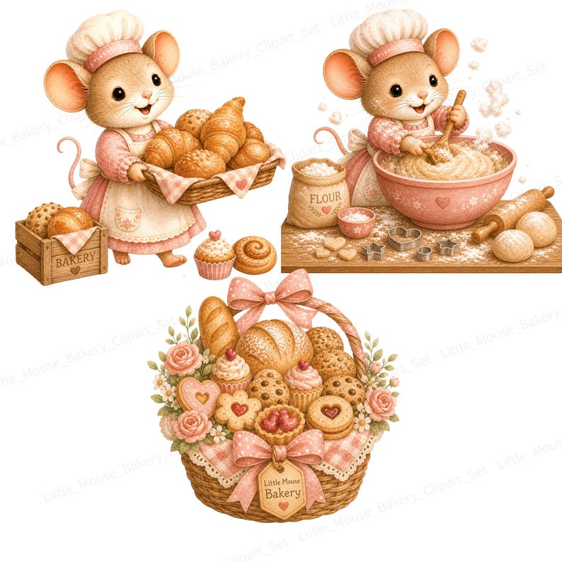 May include: A digital illustration of a mouse baker in a pink outfit, chef's hat, and apron, holding baked goods. The image includes a basket of bread, pastries, and a wooden box labeled "Bakery". A second mouse bakes in a pink bowl. A basket of baked goods is also shown.