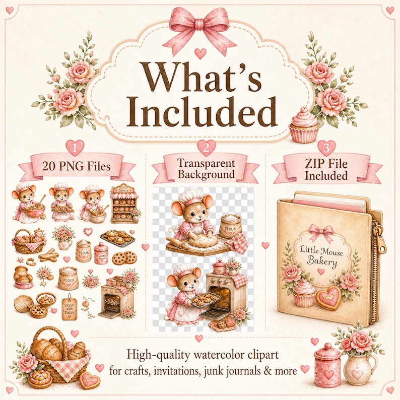 Little Mouse Bakery Clipart Set, Cute Watercolor Mouse PNG, Baking Clip Art, Pastry Bread Cookie, Junk Journal, Card Making image 2