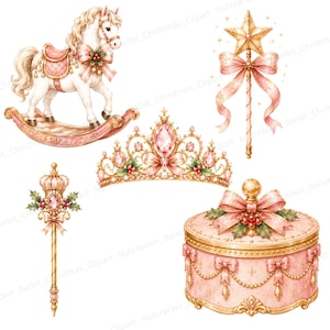 May include: A collection of watercolor illustrations featuring a white rocking horse with a pink saddle, a gold star wand with a pink bow, a gold tiara with pink gems, a gold scepter with a pink gem, and a round pink jewelry box with gold trim.