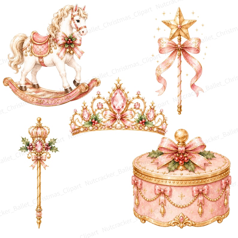 May include: A collection of watercolor illustrations featuring a white rocking horse with a pink saddle, a gold star wand with a pink bow, a gold tiara with pink gems, a gold scepter with a pink gem, and a round pink jewelry box with gold trim.