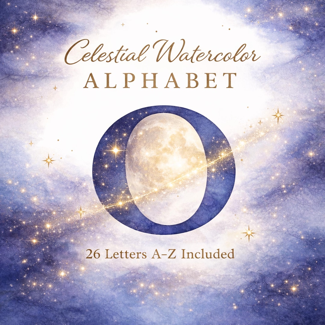 Celestial Watercolor Alphabet Clipart, Uppercase A–Z Letters, Night Sky ...