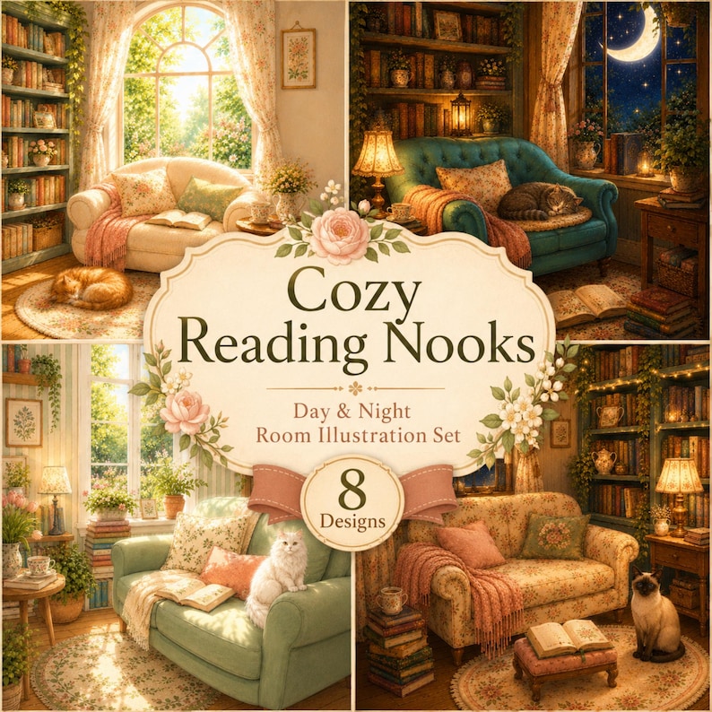 Cozy Reading Nook Illustrations Day And Night Book Room Wall Art cozy-reading-nook-illustrations-day-and-night-book-room-wall-art
