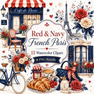 Französisches Paris-Aquarell-Clipart-Bundle in Rot und Marineblau, Pariser Café-Clipart, Eiffelturm-PNG, Französische Clipart, Romantisches Paris (Digitaler Download)