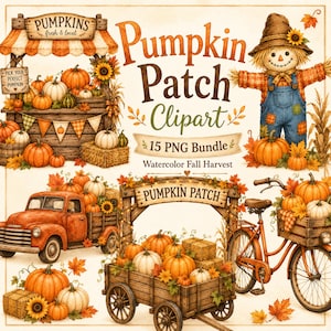 May include: A digital illustration set featuring a pumpkin patch theme with a wooden stand, a scarecrow in blue overalls, a vintage orange truck, a wooden cart, and a bicycle with a crate, all decorated with pumpkins, sunflowers, and autumn leaves.