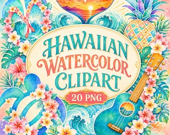 Könnte beinhalten: Eine digitale Grafik mit dem Text Hawaiian Watercolor Clipart 20 PNG, umgeben von Aquarellillustrationen eines Walschwanzes, einer Ananas, einer Meeresschildkröte, einer Ukulele, Flip-Flops, Meereswellen und tropischen Plumeria-Blüten.