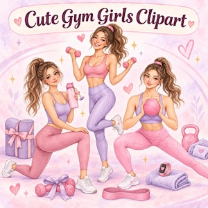 Pode incluir: Ilustração digital intitulada Cute Gym Girls Clipart apresentando três figuras em roupas esportivas rosa e roxas. Elas são mostradas com equipamentos de ginástica, incluindo halteres, um kettlebell, um tapete de ioga e uma faixa de resistência.