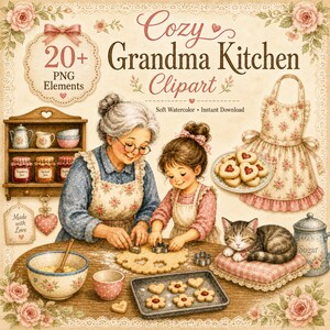 Könnte beinhalten: Eine Aquarellillustration mit dem Titel "Cozy Grandma Kitchen Clipart" zeigt eine Großmutter und ein Kind beim Keksebacken. Das Bild enthält ein Regal mit Gläsern, eine Schürze, eine Katze und den Text "Made with Love".