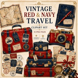 May include: A digital clipart set featuring vintage travel items including a red suitcase, a navy blue journal with a red pen, a red camera, stacked suitcases, binoculars, a world map, and various travel-themed postage stamps and postcards.