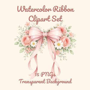 Watercolor Ribbon Clipart Set, 15 PNGs, Pink Bow, Floral Ribbon, Cute Elements, Wedding, Baby Shower, Transparent Background