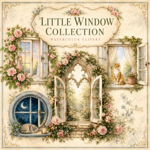 以下が含まれることがあります： Little Window Collectionと題された水彩画のデジタルコレクション。バラで覆われた窓、ゴシック様式のアーチ、三日月が描かれた丸い夜の窓、窓辺に座る猫など、さまざまなスタイルの窓が描かれています。