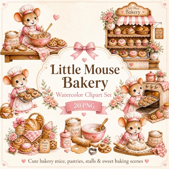Little Mouse Bakery Clipart Set, Cute Watercolor Mouse PNG, Baking Clip Art, Pastry Bread Cookie, Junk Journal, Card Making