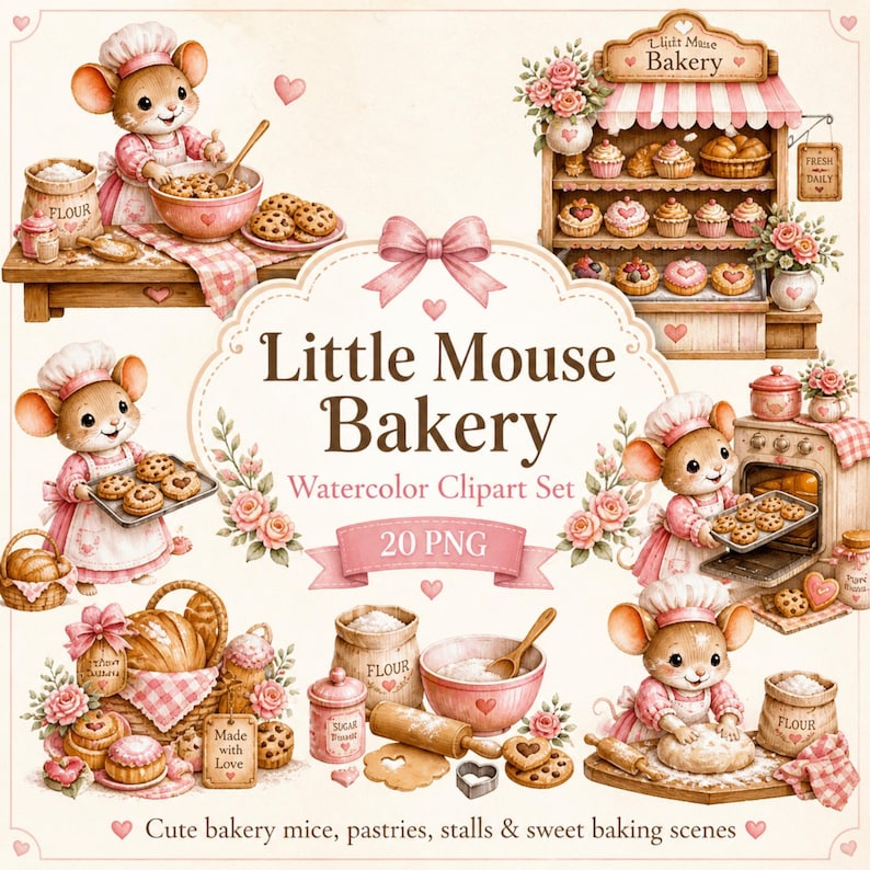 May include: Watercolor clipart set featuring a "Little Mouse Bakery" theme. The image includes cute cartoon mice baking pastries, a bakery stall, and various baking elements like flour, sugar, and rolling pins. The text includes "Little Mouse Bakery" and "Watercolor Clipart Set 20 PNG".