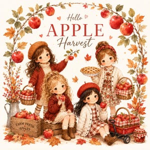 Op de afbeelding: Een digitale illustratie met vier kinderen in herfstkleding, omringd door rode appels en herfstbladeren. De tekst luidt Hello APPLE Harvest en Farm Fresh Apples. De scène bevat gevlochten manden, een taart en een kleine rode wagen.