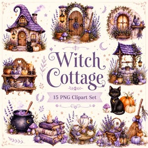 May include: A digital illustration set featuring a witch cottage theme. The image includes various elements such as a cottage, a well, a cauldron, books, and a black cat. The color palette consists of purple, brown, and cream tones. The text "Witch Cottage" and "15 PNG Clipart Set" are also present.