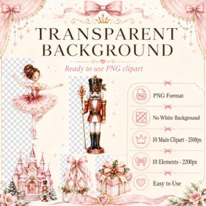 May include: Digital clipart set featuring a ballerina in a pink tutu, a nutcracker soldier with a staff, a pink castle, ballet slippers, and a gift box. Text includes TRANSPARENT BACKGROUND, Ready to use PNG clipart, PNG Format, No White Background, 10 Main Clipart - 2500px, 10 Elements - 2200px, and Easy to Use.