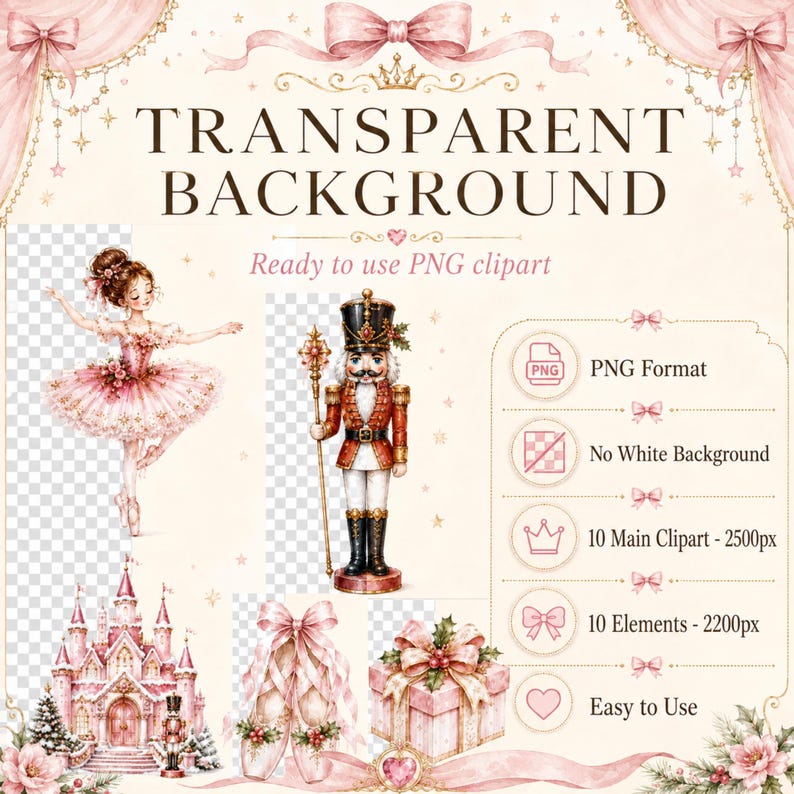 May include: Digital clipart set featuring a ballerina in a pink tutu, a nutcracker soldier with a staff, a pink castle, ballet slippers, and a gift box. Text includes TRANSPARENT BACKGROUND, Ready to use PNG clipart, PNG Format, No White Background, 10 Main Clipart - 2500px, 10 Elements - 2200px, and Easy to Use.