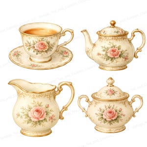 K&ouml;nnte beinhalten: Ein cremefarbenes Vintage-Teeservice mit goldenen Verzierungen und rosa Rosenmustern. Das Set beinhaltet eine Teetasse mit Tee, Untertasse, Teekanne, Milchkanne und Zuckerdose. Ideal f&uuml;r eine traditionelle Teezeit oder als dekoratives K&uuml;chenutensil.