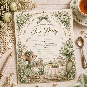 Puede incluir: Una invitación a una fiesta de té de estilo vintage con una ilustración de ratón. La invitación presenta el texto "Tea Party" y detalles para el evento. El diseño incluye detalles florales, una tetera y una pequeña mesa con golosinas. La paleta de colores es suave, con verdes y cremas.