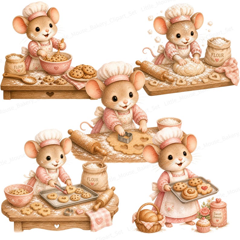 May include: A collection of watercolor illustrations featuring adorable cartoon mice baking. The mice, dressed in pink aprons and chef hats, are shown mixing ingredients, rolling dough, and baking cookies. Wooden tables, flour sacks, and baking tools are also depicted.
