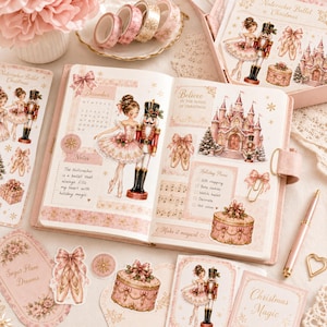 May include: An open planner featuring Nutcracker ballet illustrations, including a ballerina, a nutcracker, a pink castle, and ballet slippers. The pages contain text, a December calendar, and holiday plan checklists in soft pink and gold tones.