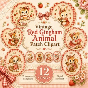 Vintage röd gingham djurlapp Clipart, söta retro djur PNG, Cottagecore klistermärke, digital scrapbook, barnrum clipart, 12 PNG bonus