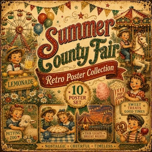Può includere: Un set di poster in stile vintage intitolato Summer County Fair Retro Poster Collection con illustrazioni di bambini a una fiera con ruota panoramica, giostra, limonata, popcorn, zucchero filato, zoo e pretzel, con il testo 10 poster set.