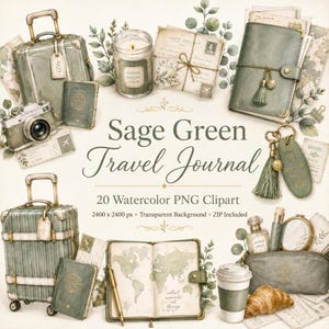 Imágenes prediseñadas de diario de viaje verde salvia, PNG de viaje en acuarela, equipaje de cámara de pasaporte vintage, pegatinas botánicas para diario, imágenes prediseñadas para álbum de recortes