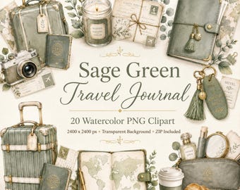 Sage Green Travel Journal Clipart, Watercolor Travel PNG, Vintage Passport Camera Luggage, Botanical Journal Stickers, Scrapbook Clip Art