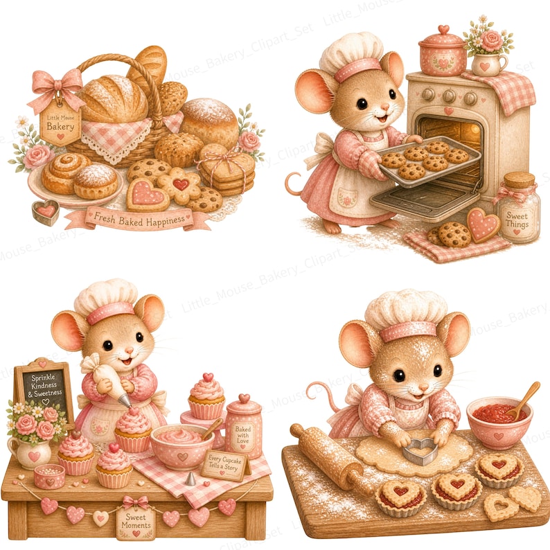 May include: A digital illustration of a mouse baker in a pink apron and chef's hat, baking cookies, cupcakes, and bread. The image includes text that says "Fresh Baked Happiness", "Sweet Moments", and "Sweet Things".