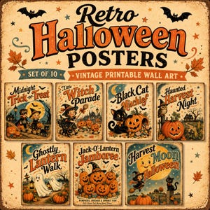 以下が含まれることがあります： Retro Halloween Postersと題された、ヴィンテージスタイルの印刷可能なウォールアートポスター10枚セット。カボチャ、幽霊、魔女、黒猫、コウモリのイラストが描かれており、Midnight Trick-or-TreatやHaunted Harvest Nightといったテキストが含まれています。