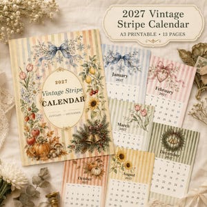 2027 Vintage Randig A3 Utskrivbar Väggkalender