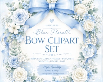 Imágenes prediseñadas de lazos florales azules, flores de acuarela azul claro con cinta, imágenes prediseñadas para bodas, PNG, fondo transparente, paquete de 15 piezas