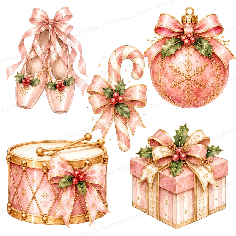 May include: A collection of watercolor Christmas illustrations featuring a pair of pink ballet slippers, a candy cane, a round ornament with a gold snowflake, a drum with two sticks, and a gift box, all accented with pink bows and holly berries.