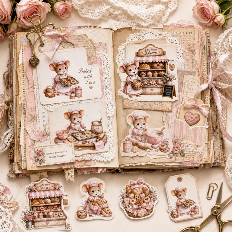 May include: A scrapbook page with a bakery theme. It features illustrations of a mouse baker, baked goods, and the text "Baked with Love" and "Sweet moments Warm hearts." The color palette is soft pinks, creams, and browns, with lace and floral accents.