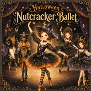 May include: A digital illustration titled Halloween Nutcracker Ballet featuring a central dancer in a witch hat and black tutu, a pumpkin-headed nutcracker, a cat in a royal outfit, and two other dancers with bat wings and celestial accents.