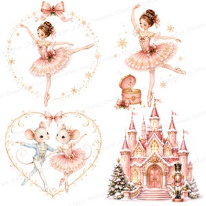 May include: A digital illustration set featuring two ballerinas in pink tutus, one framed by a golden snowflake wreath and one near a music box. Also included are two mice dancing inside a golden heart frame and a pink castle with a nutcracker.
