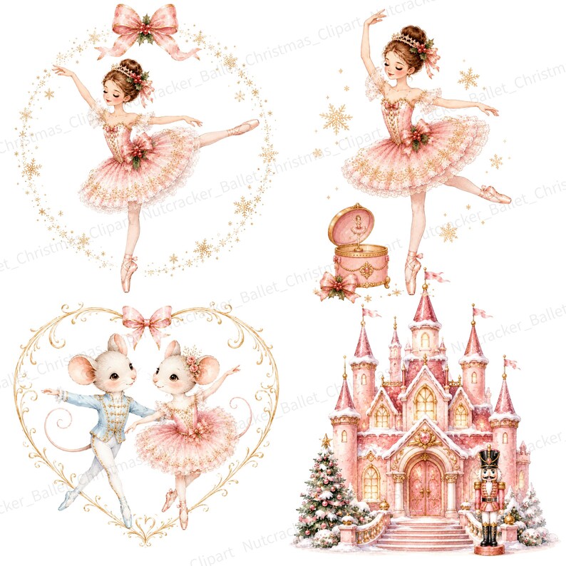 May include: A digital illustration set featuring two ballerinas in pink tutus, one framed by a golden snowflake wreath and one near a music box. Also included are two mice dancing inside a golden heart frame and a pink castle with a nutcracker.