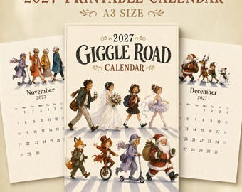 Printbare wandkalender voor 2027, grappige GIGGLE ROAD A3-kalender, speelse vintage zebrapadkunst, direct te downloaden