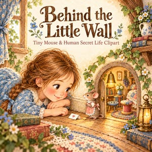 以下が含まれることがあります： Behind the Little Wall Tiny Mouse & Human Secret Life Clipartというタイトルのデジタルイラスト。青い花柄のドレスを着た茶色の髪の少女が、小さな部屋のあるアーチ型の小さなドアの前に立つ小さなネズミを見つめている様子が描かれています。