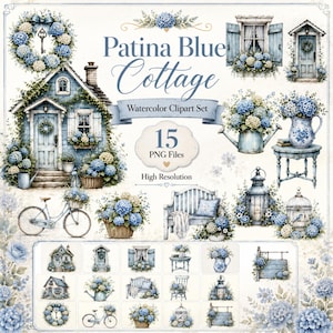 Aquarell-Cliparts im Patina-Blau-Cottage-Stil, Vintage-Blau-Cottagecore-PNG, Hortensien-Cliparts, Shabby-Chic-Garten, 15 PNG-Dateien zum digitalen Download