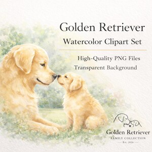 Conjunto de imágenes prediseñadas de Golden Retriever en acuarela, 21 archivos PNG, imágenes prediseñadas de perros, fondo transparente, uso comercial, ilustración de familia de cachorros