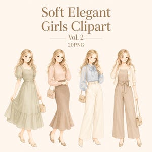 Op de afbeelding: Digitale illustratie van vier elegante vrouwen in verschillende outfits. De afbeelding bevat de tekst "Soft Elegant Girls Clipart Vol. 2 20PNG". De vrouwen dragen jurken, rokken, broeken en jumpsuits in zachte pastelkleuren, elk met een handtas.