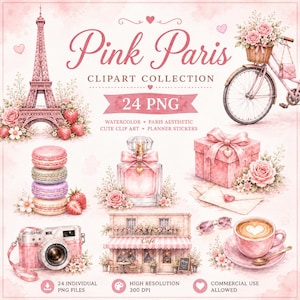 Pinkfarbene Paris-Cliparts, Aquarell-Ästhetik von Paris, Eiffelturm-Erdbeercafé, französische Cliparts, niedliche Paris-PNGs, Planer-Sticker, 24 PNGs