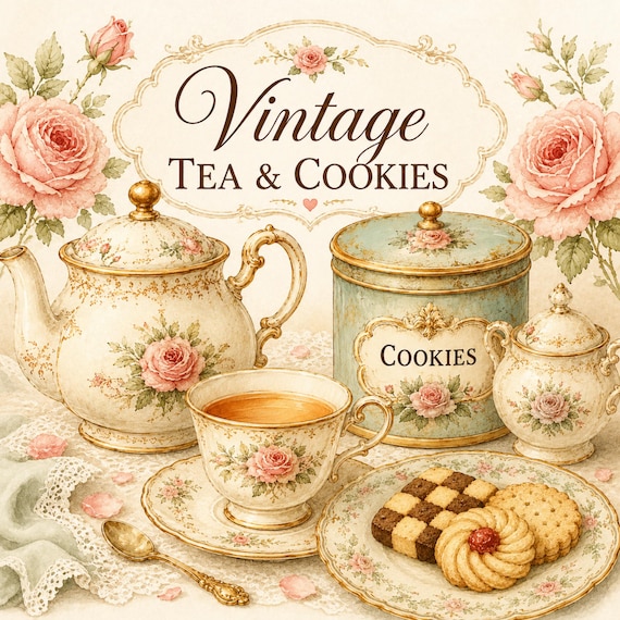Vintage Tea and Cookies Clipart, Tea Party PNG, Antique Teapot, Cookie Illustration, Floral Tea Time Graphics, Journal Scrapbook PNG